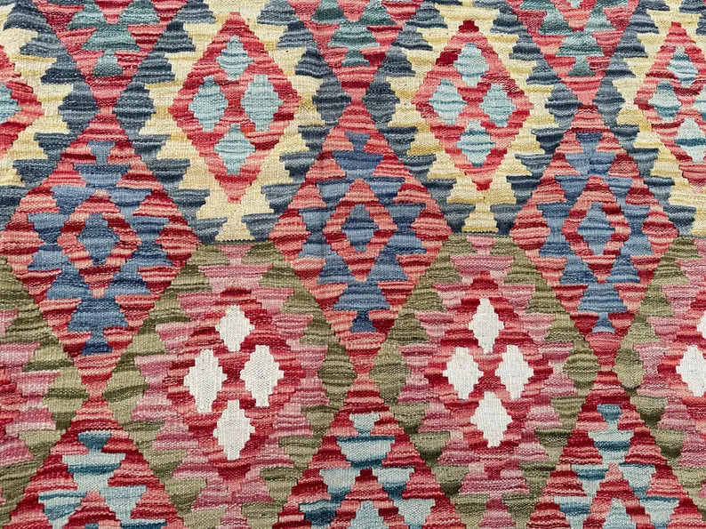Handwoven Afghan Kilim Rug 259 × 305 cm – 10’0 × 8’6 | Boho Tribal Flatweave | Multicolour Geometric Design