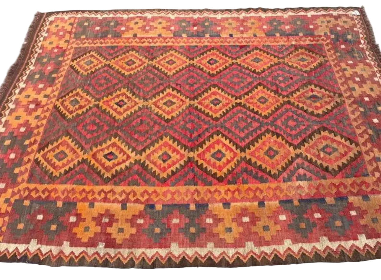 Traditional Afghan Diamond Kilim Rug – 189 x 255 cm | Handwoven Vintage Wool Rug