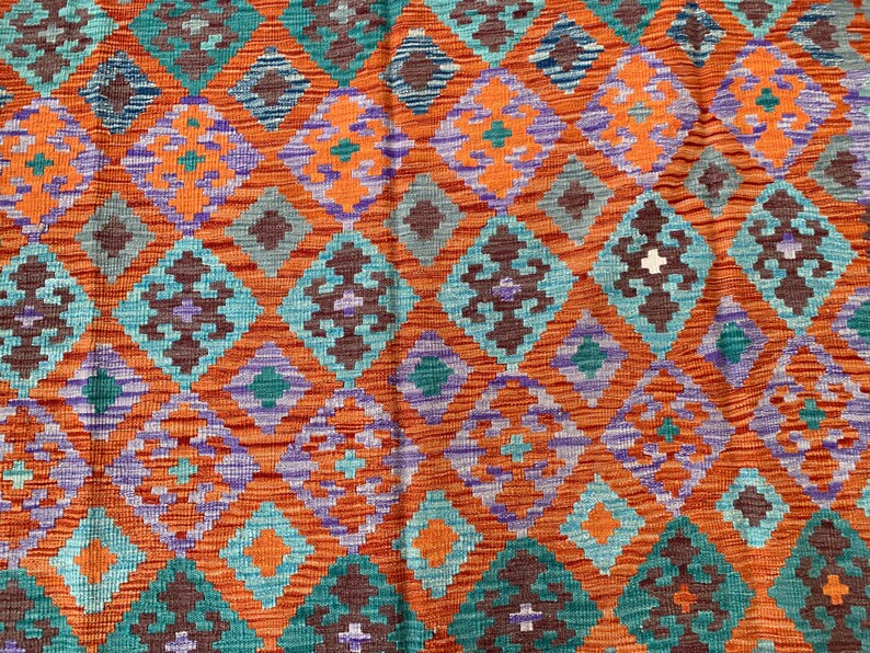 Handmade Afghan Kilim  Rug 205 × 300 cm – 6.9 × 9’1 | Boho Tribal Flatweave | Multicolour Geometric Design