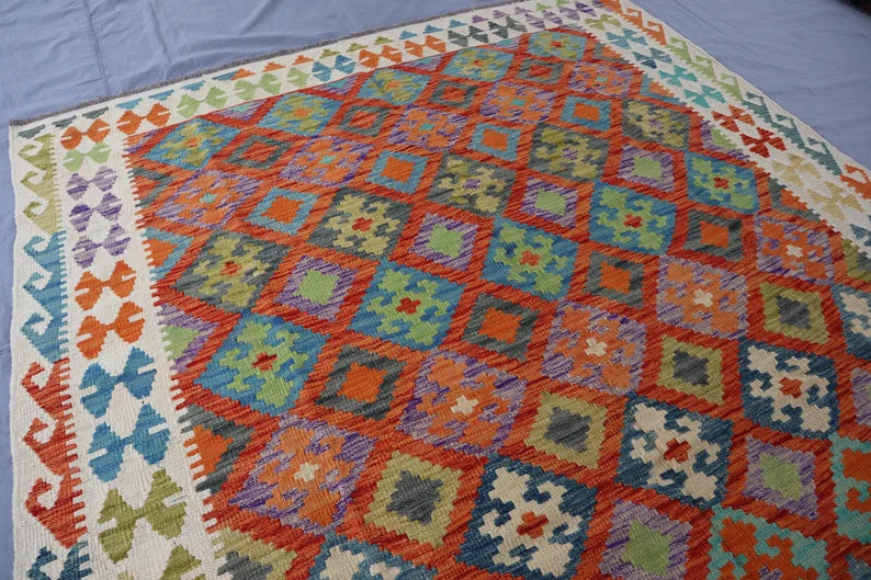 Handmade Afghan Kilim Rug – 201x295 cm | Multicolor Tribal Wool Carpet with Geometric Diamond Motifs