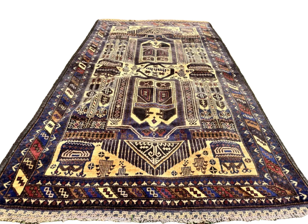 Handmade Afghan Baluchi Rug – Tribal Wool Area Rug | Vintage Geometric Carpet | Traditional Afghan Design | 210 x 118 cm
