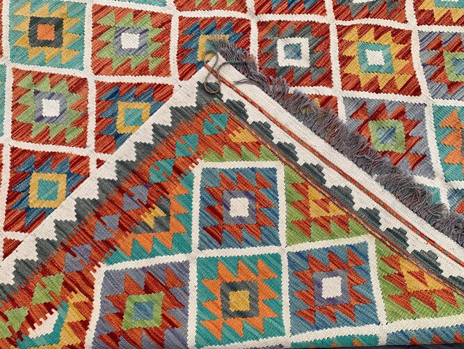 Handmade Afghan Kilim Rug 219 × 283 cm – 7’2 × 9’3 | Boho Tribal Flatweave | Multicolour Geometric Design