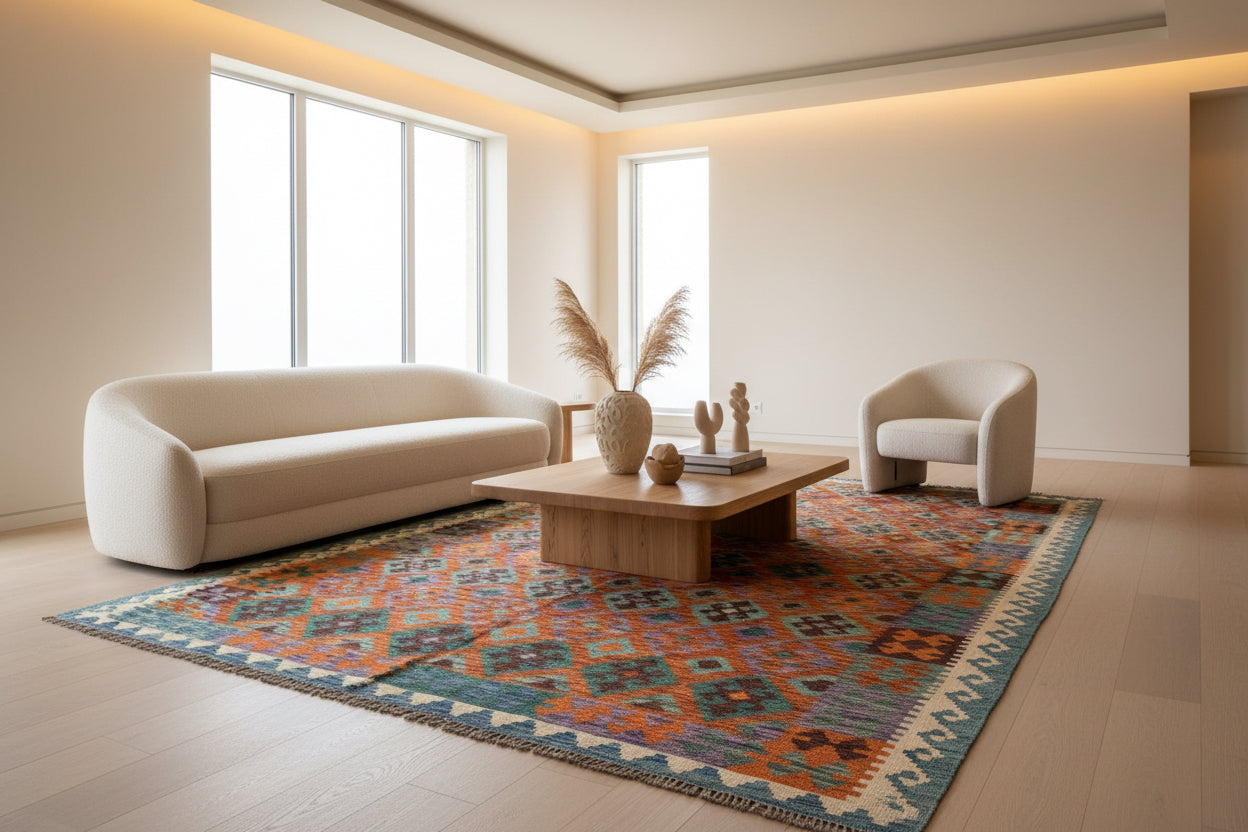 Handmade Afghan Kilim  Rug 205 × 300 cm – 6.9 × 9’1 | Boho Tribal Flatweave | Multicolour Geometric Design