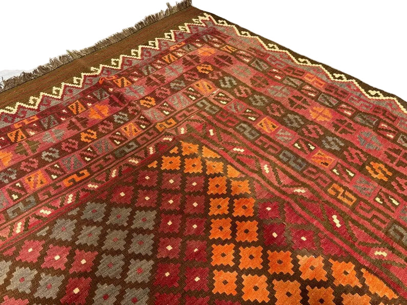 Handmade Afghan Kilim  Rug 334 × 394 cm – 7’8× 12’11 | Boho Tribal Flatweave | Multicolour Geometric Design