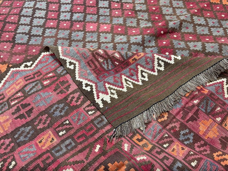 Handmade Afghan Kilim  Rug 334 × 394 cm – 7’8× 12’11 | Boho Tribal Flatweave | Multicolour Geometric Design