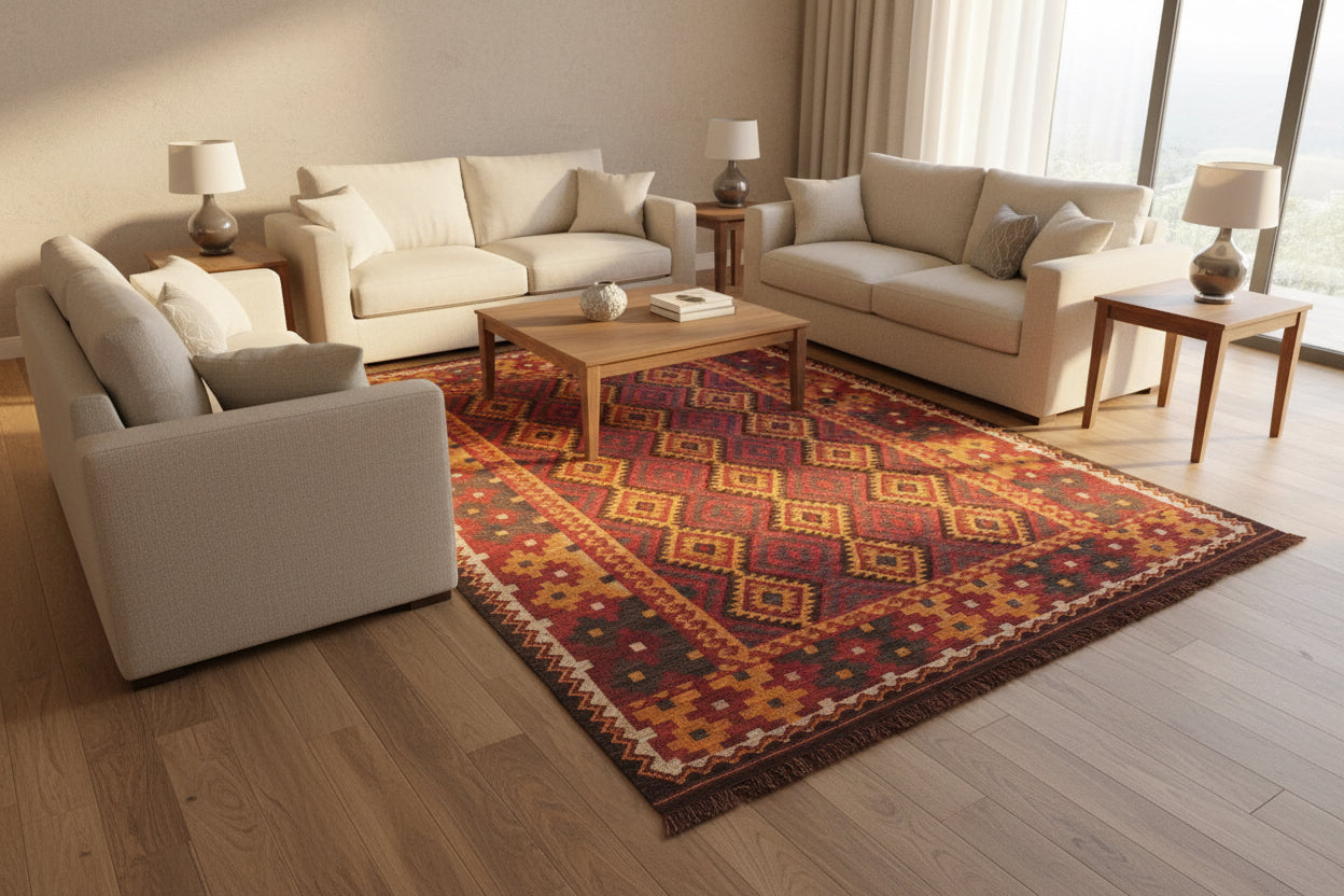 Traditional Afghan Diamond Kilim Rug – 189 x 255 cm | Handwoven Vintage Wool Rug