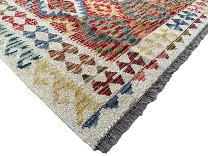 Handwoven Afghan Kilim Rug 259 × 305 cm – 10’0 × 8’6 | Boho Tribal Flatweave | Multicolour Geometric Design