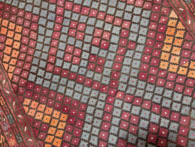 Handmade Afghan Kilim  Rug 334 × 394 cm – 7’8× 12’11 | Boho Tribal Flatweave | Multicolour Geometric Design