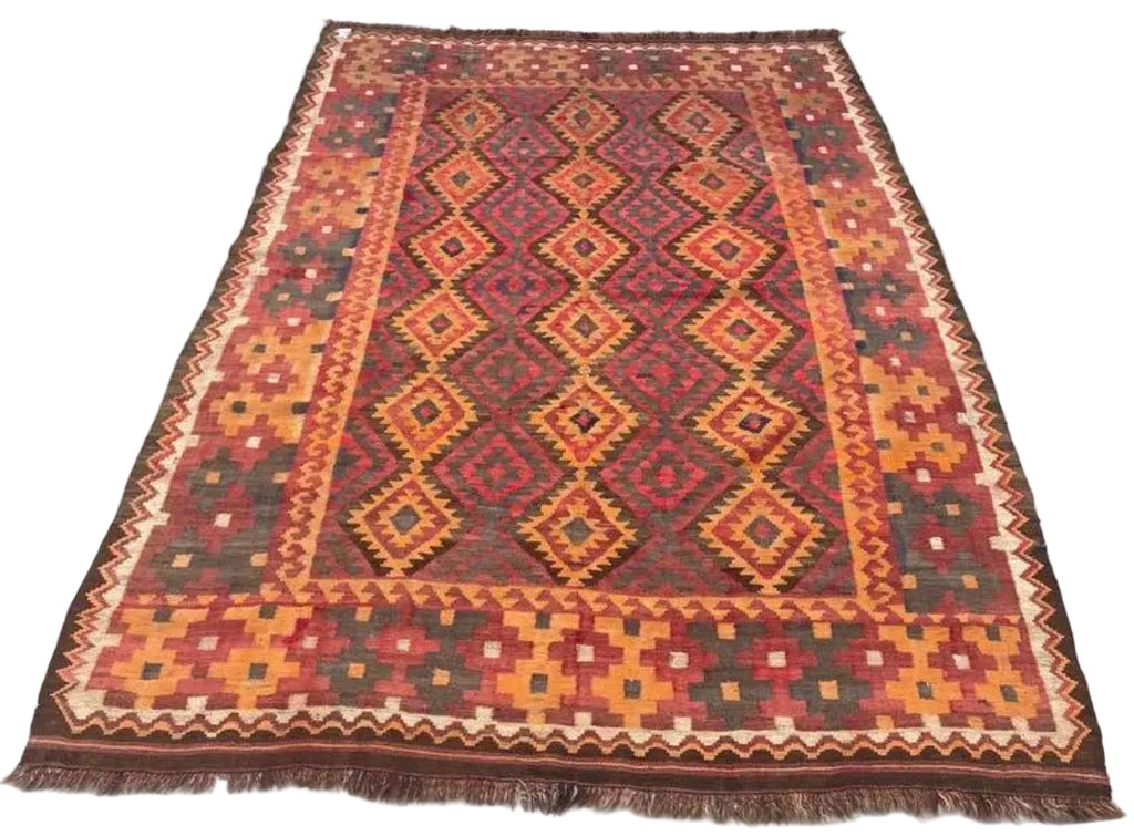 Traditional Afghan Diamond Kilim Rug – 189 x 255 cm | Handwoven Vintage Wool Rug