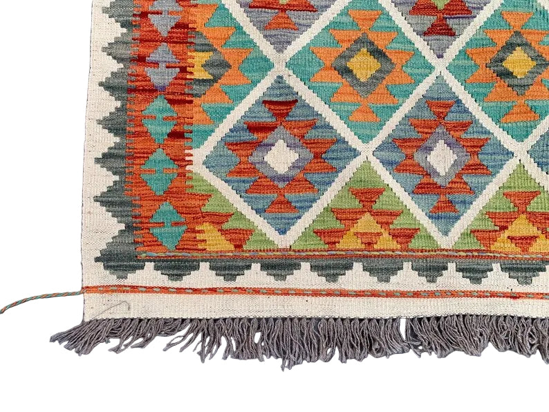 Handmade Afghan Kilim Rug 219 × 283 cm – 7’2 × 9’3 | Boho Tribal Flatweave | Multicolour Geometric Design
