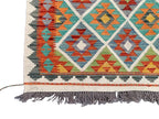 Handmade Afghan Kilim Rug 219 × 283 cm – 7’2 × 9’3 | Boho Tribal Flatweave | Multicolour Geometric Design