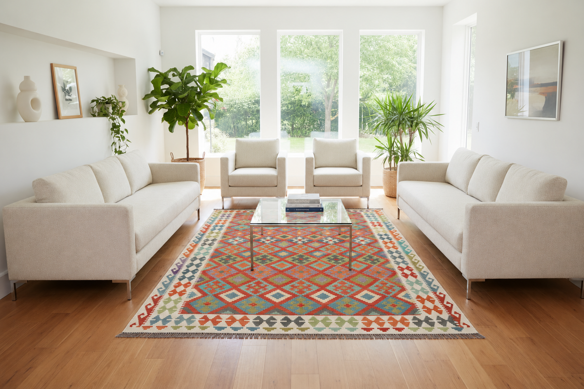 Handmade Afghan Kilim Rug – 201x295 cm | Multicolor Tribal Wool Carpet with Geometric Diamond Motifs