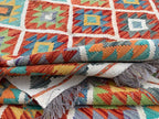 Handmade Afghan Kilim Rug 219 × 283 cm – 7’2 × 9’3 | Boho Tribal Flatweave | Multicolour Geometric Design