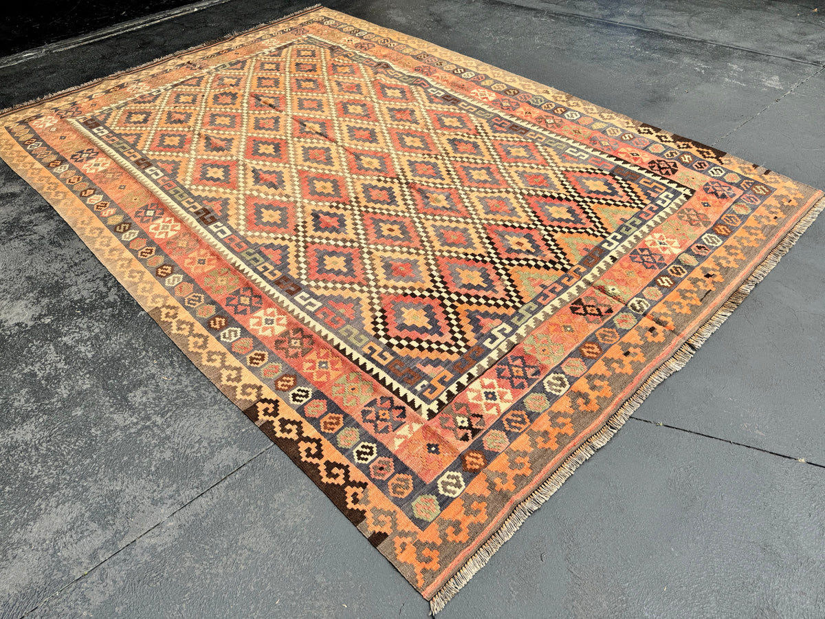 Handmade Afghan Kilim Rug – 200 x 300 cm | Terracotta Geometric Wool Flatweave | Large Tribal Area Rug