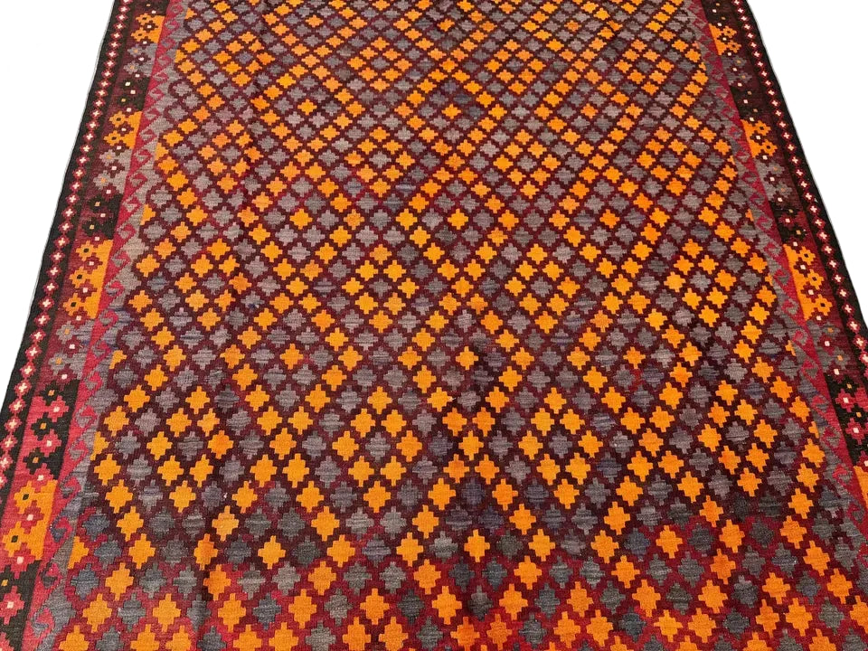 Vibrant Afghan Maimana Kilim Rug 6.9 × 9.9 ft (210 × 302 cm) – Handmade Wool Flatweave