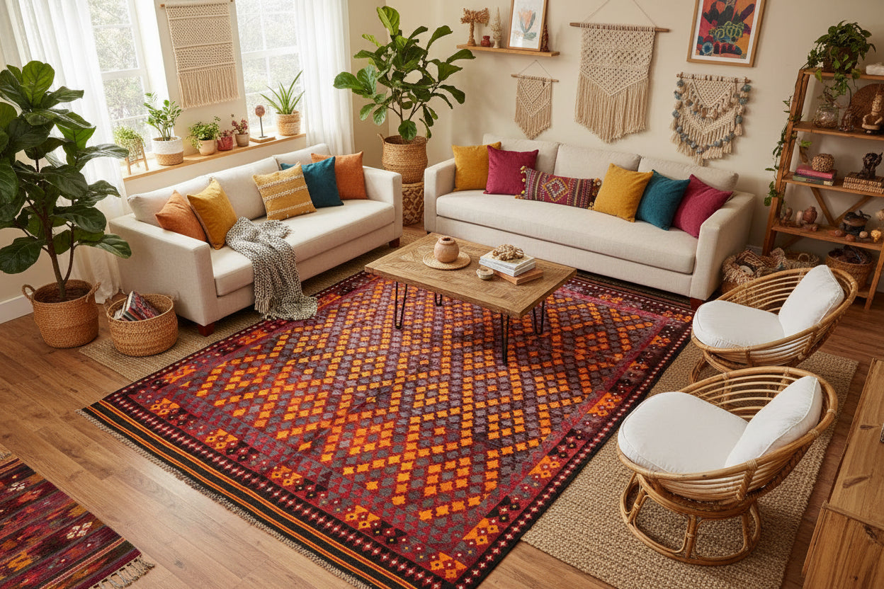 Vibrant Afghan Maimana Kilim Rug 6.9 × 9.9 ft (210 × 302 cm) – Handmade Wool Flatweave