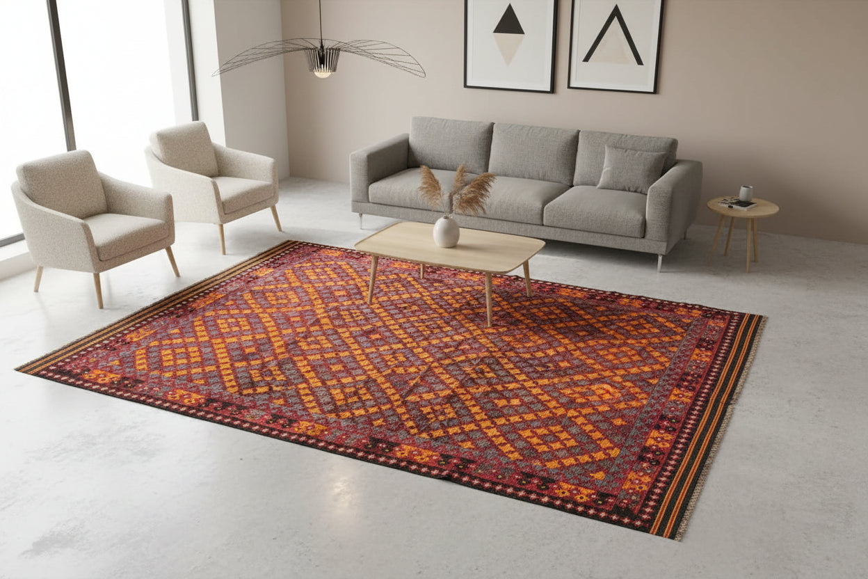 Vibrant Afghan Maimana Kilim Rug 6.9 × 9.9 ft (210 × 302 cm) – Handmade Wool Flatweave