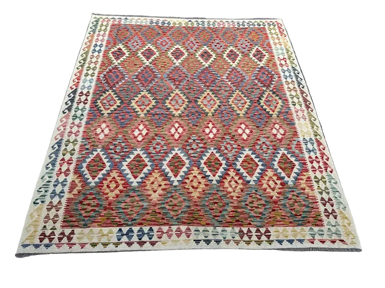 Handwoven Afghan Kilim Rug 259 × 305 cm – 10’0 × 8’6 | Boho Tribal Flatweave | Multicolour Geometric Design