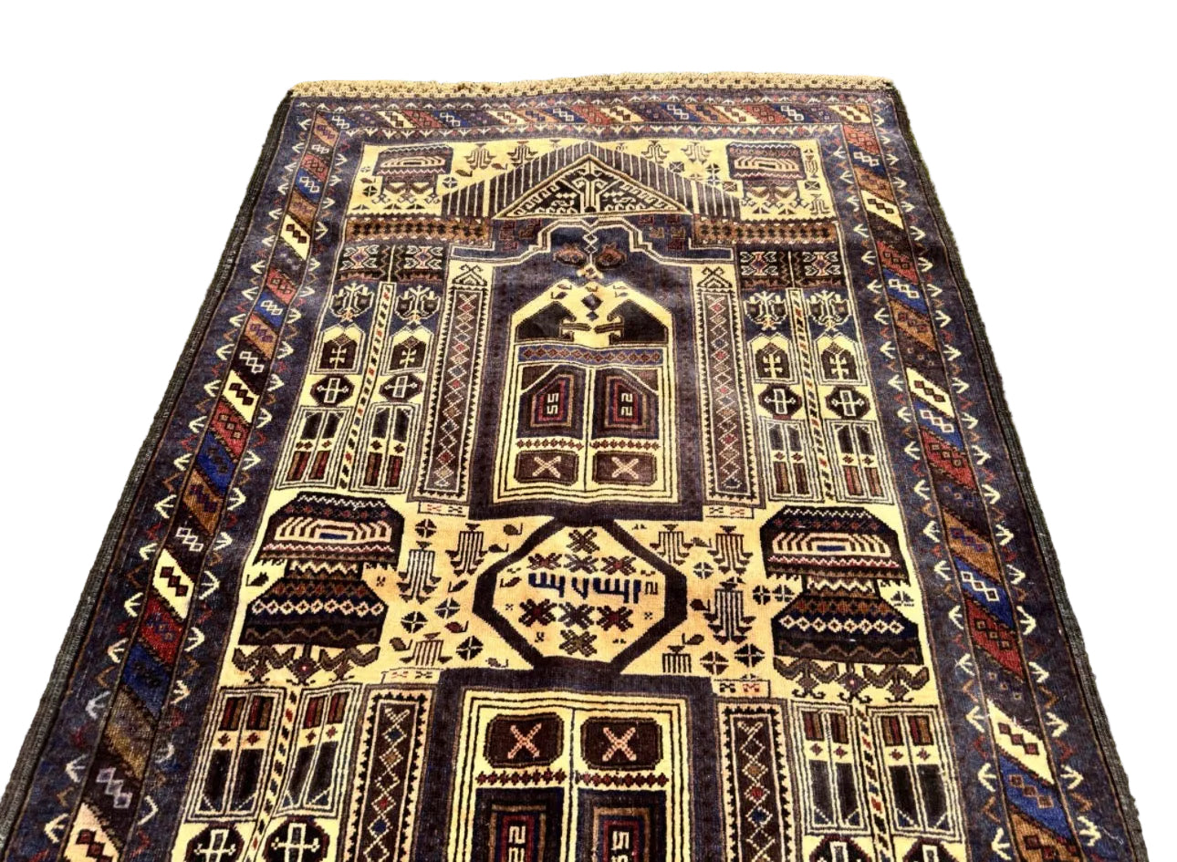 Handmade Afghan Baluchi Rug – Tribal Wool Area Rug | Vintage Geometric Carpet | Traditional Afghan Design | 210 x 118 cm