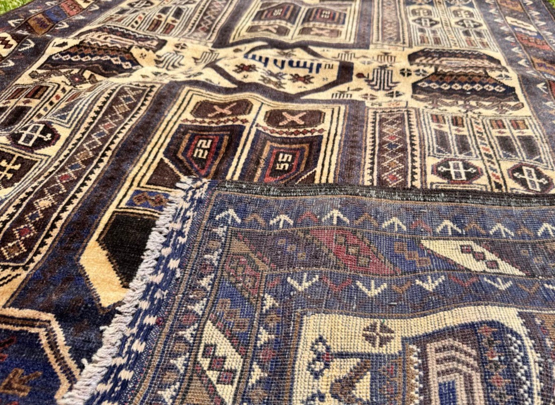 Handmade Afghan Baluchi Rug – Tribal Wool Area Rug | Vintage Geometric Carpet | Traditional Afghan Design | 210 x 118 cm