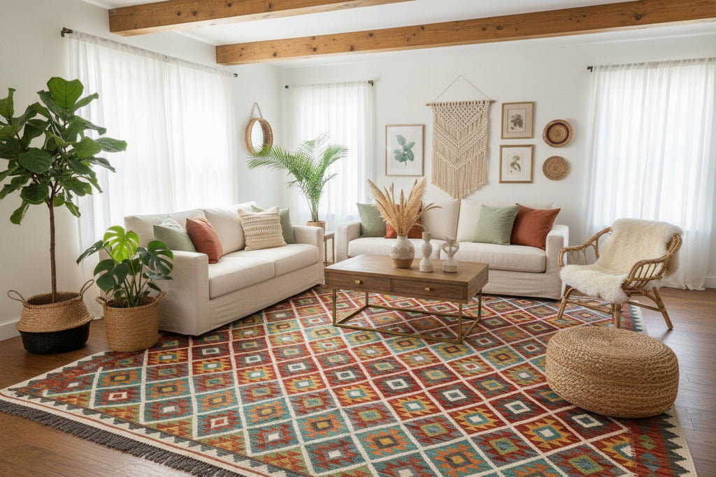 Handmade Afghan Kilim Rug 219 × 283 cm – 7’2 × 9’3 | Boho Tribal Flatweave | Multicolour Geometric Design