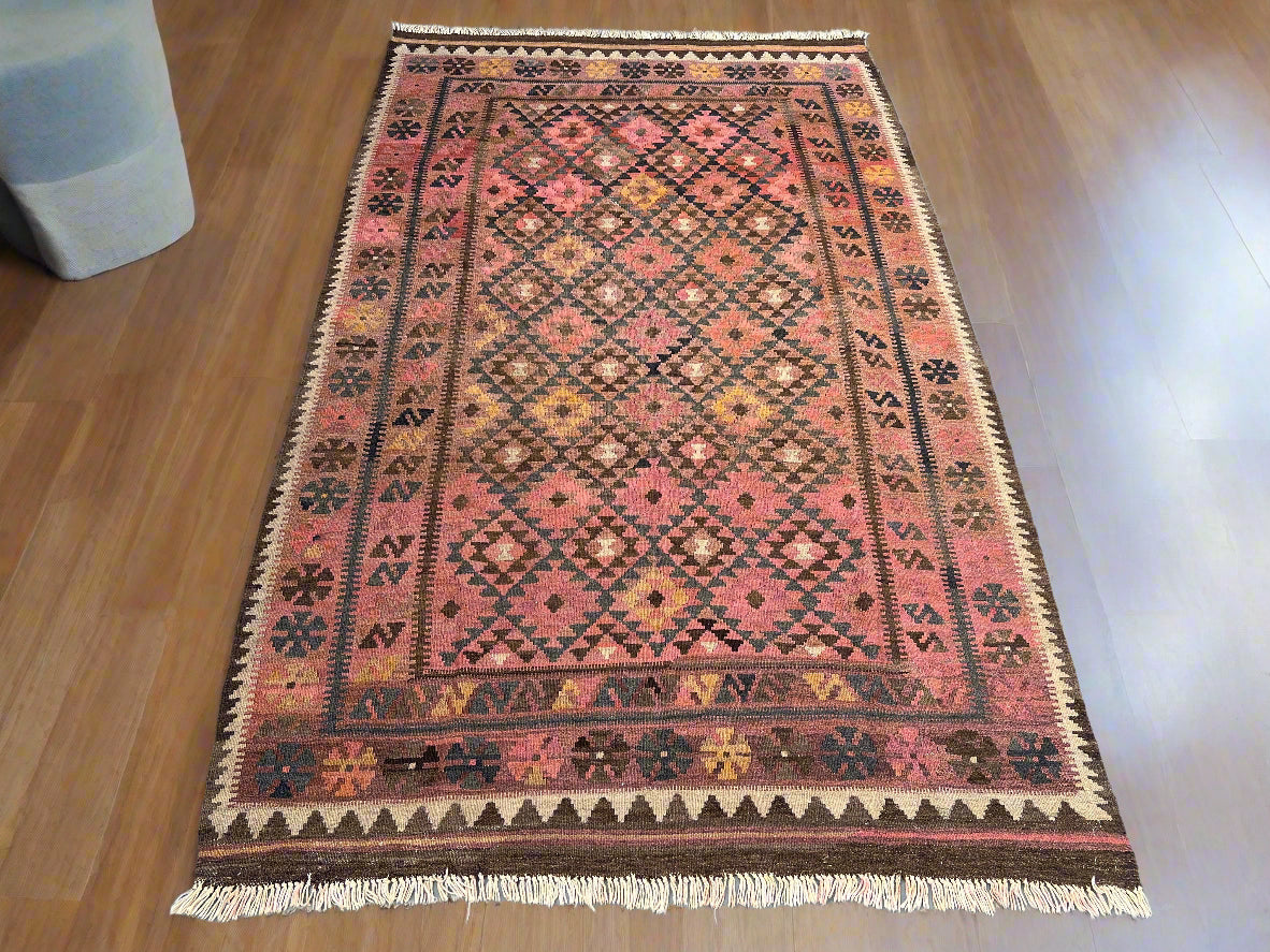 Handmade Afghan Kilim Rug – 250x 145 cm | Tribal Wool Flatweave, Bohemian Vintage Area Rug, Pink & Brown Geometric Pattern, Authentic Oriental Decor
