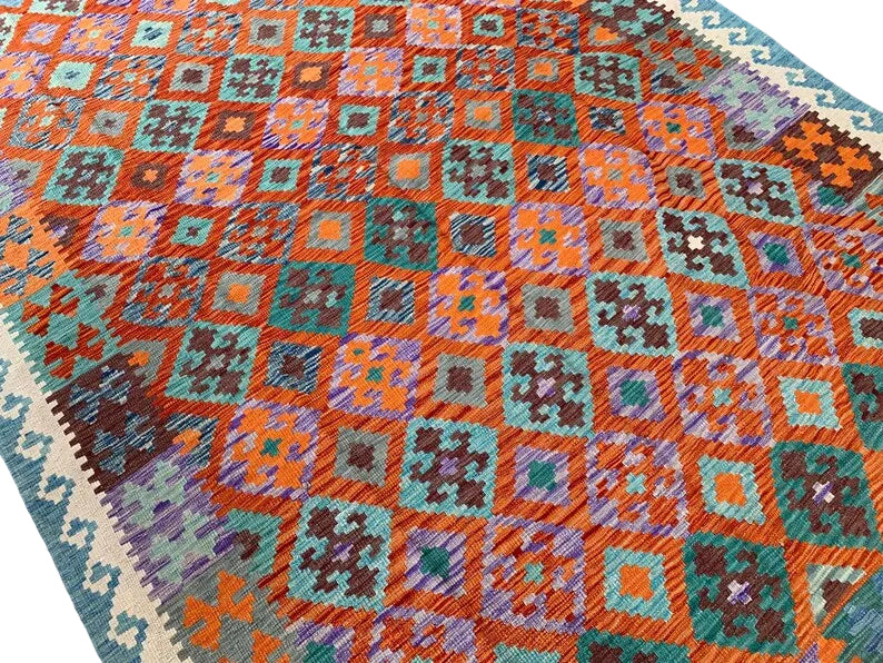 Handmade Afghan Kilim  Rug 205 × 300 cm – 6.9 × 9’1 | Boho Tribal Flatweave | Multicolour Geometric Design
