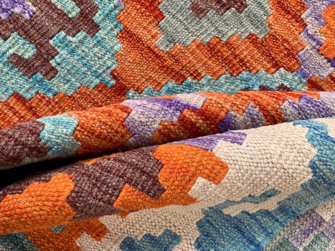 Handmade Afghan Kilim  Rug 205 × 300 cm – 6.9 × 9’1 | Boho Tribal Flatweave | Multicolour Geometric Design