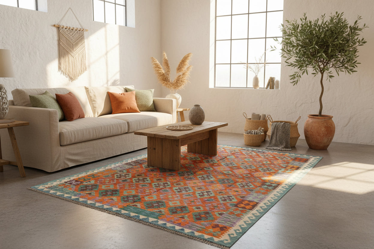 Handmade Afghan Kilim  Rug 205 × 300 cm – 6.9 × 9’1 | Boho Tribal Flatweave | Multicolour Geometric Design