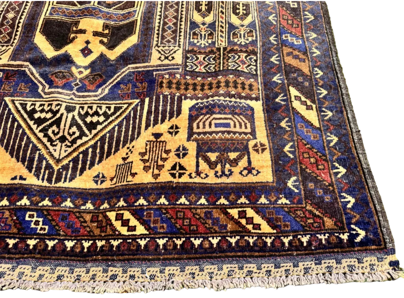 Handmade Afghan Baluchi Rug – Tribal Wool Area Rug | Vintage Geometric Carpet | Traditional Afghan Design | 210 x 118 cm