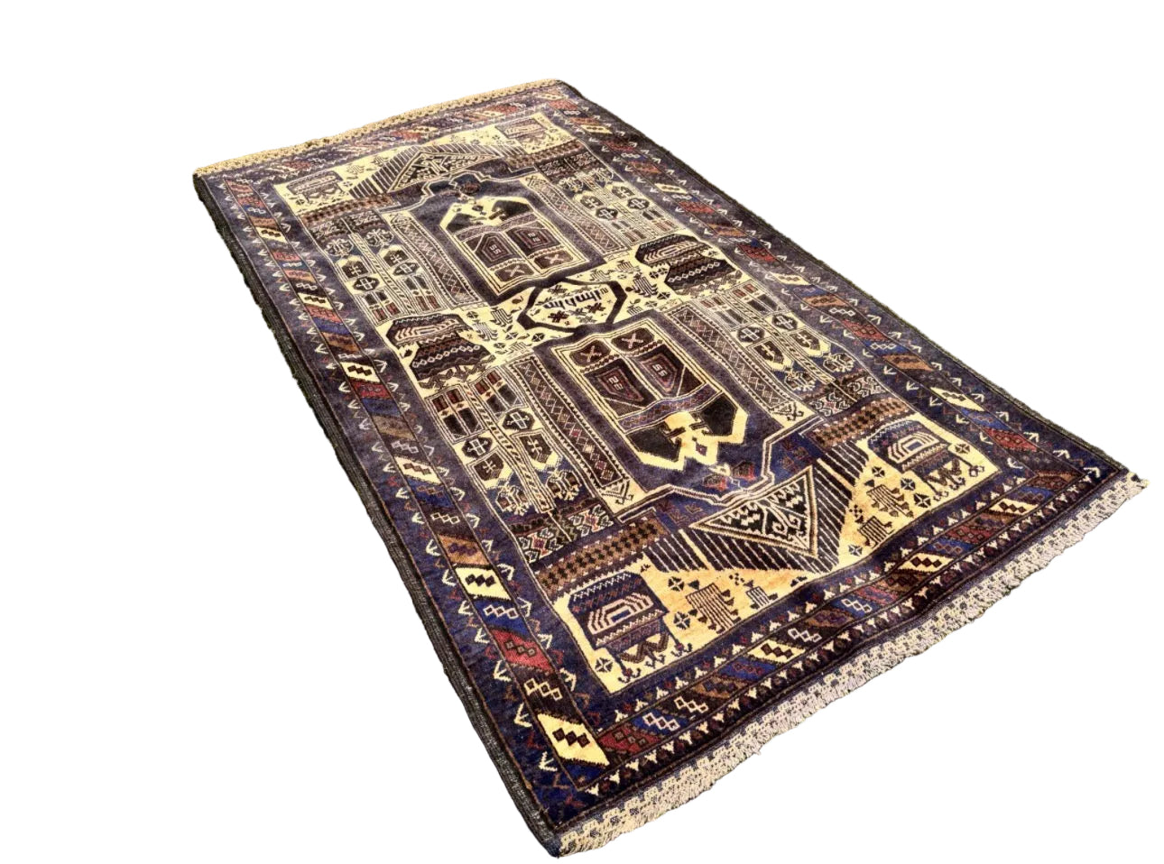 Handmade Afghan Baluchi Rug – Tribal Wool Area Rug | Vintage Geometric Carpet | Traditional Afghan Design | 210 x 118 cm
