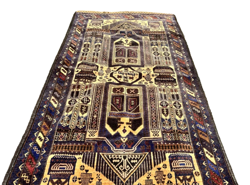 Handmade Afghan Baluchi Rug – Tribal Wool Area Rug | Vintage Geometric Carpet | Traditional Afghan Design | 210 x 118 cm