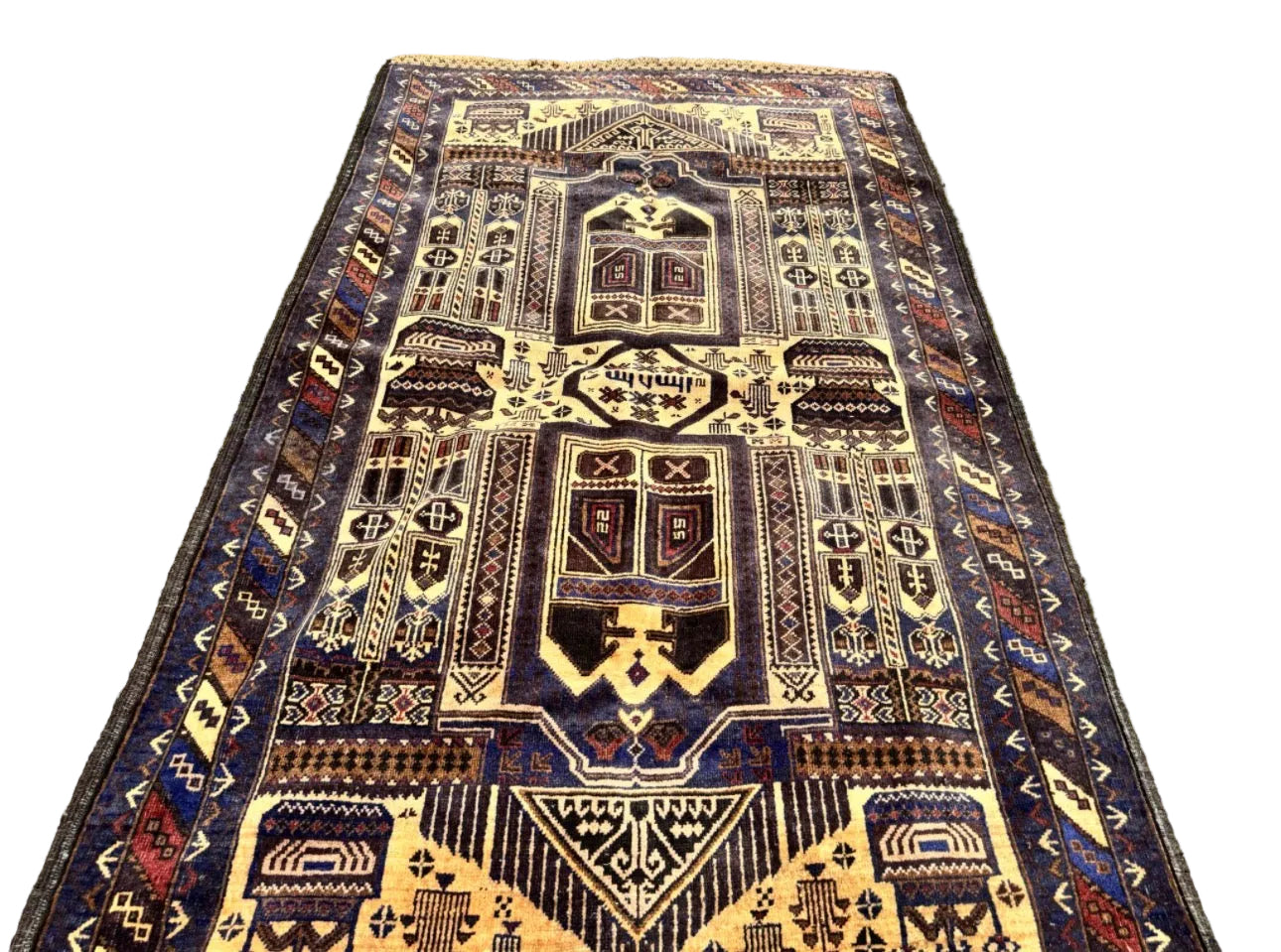 Handmade Afghan Baluchi Rug – Tribal Wool Area Rug | Vintage Geometric Carpet | Traditional Afghan Design | 210 x 118 cm