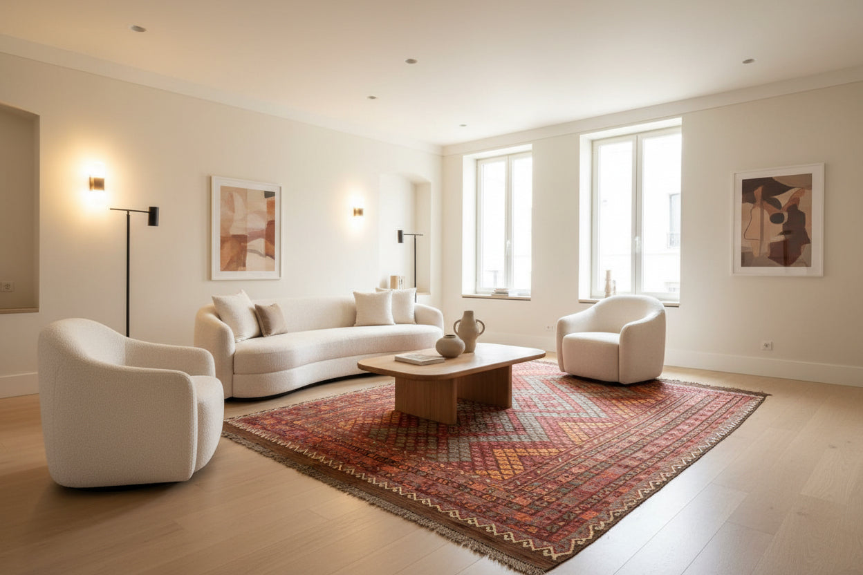 Handmade Afghan Kilim  Rug 334 × 394 cm – 7’8× 12’11 | Boho Tribal Flatweave | Multicolour Geometric Design