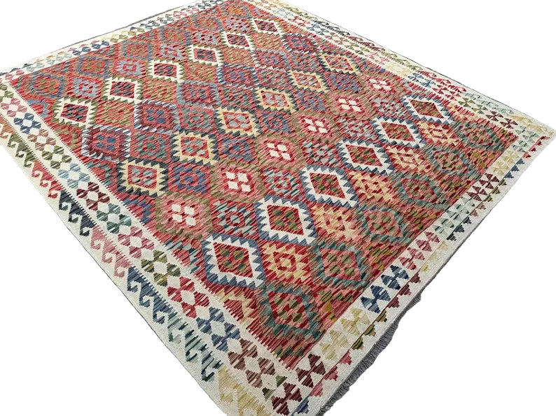 Handwoven Afghan Kilim Rug 259 × 305 cm – 10’0 × 8’6 | Boho Tribal Flatweave | Multicolour Geometric Design