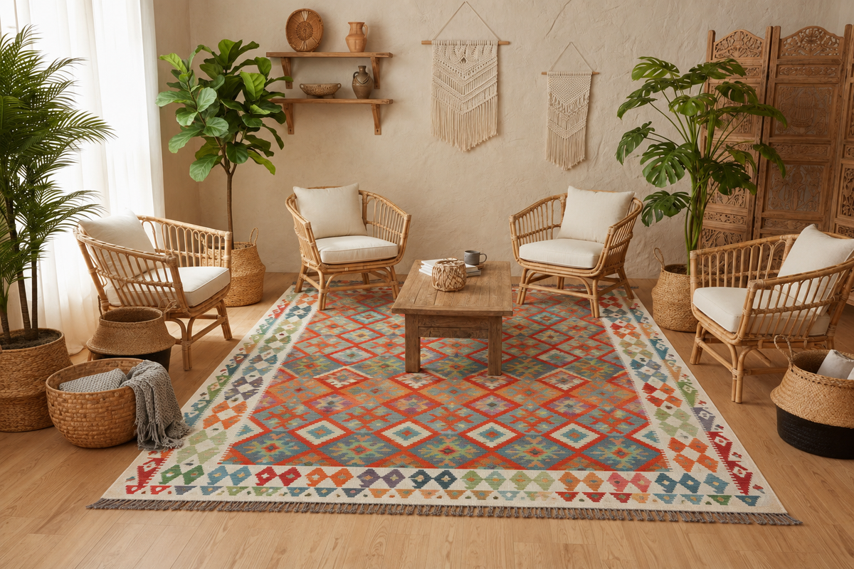 Handmade Afghan Kilim Rug – 201x295 cm | Multicolor Tribal Wool Carpet with Geometric Diamond Motifs