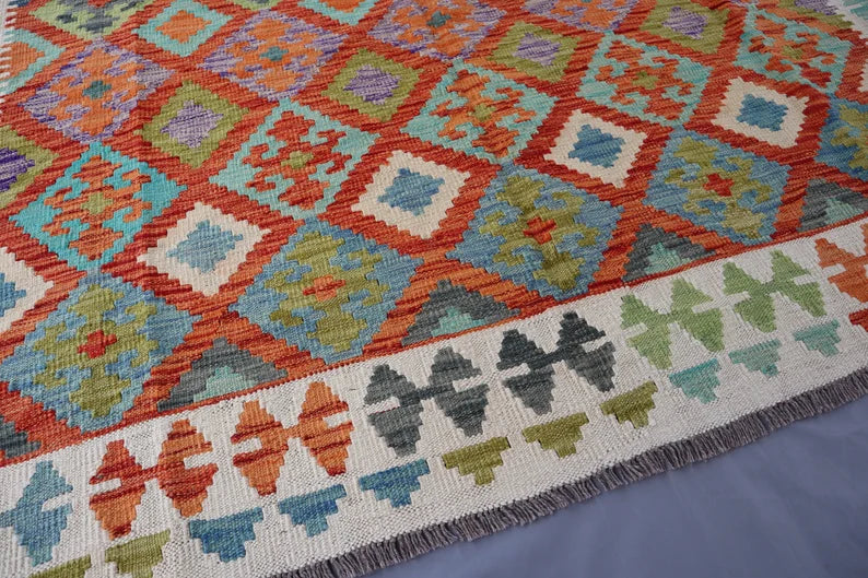 Handmade Afghan Kilim Rug – 201x295 cm | Multicolor Tribal Wool Carpet with Geometric Diamond Motifs
