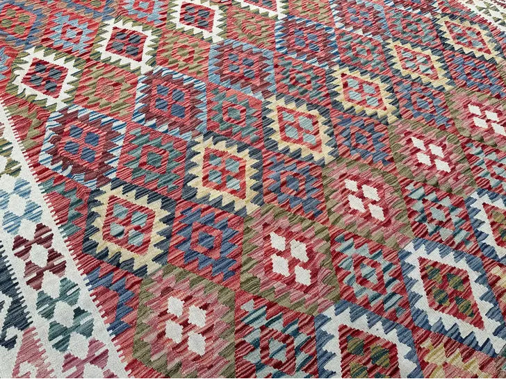 Handwoven Afghan Kilim Rug 259 × 305 cm – 10’0 × 8’6 | Boho Tribal Flatweave | Multicolour Geometric Design