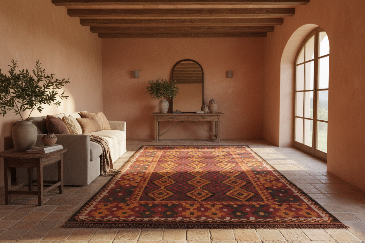 Traditional Afghan Diamond Kilim Rug – 189 x 255 cm | Handwoven Vintage Wool Rug