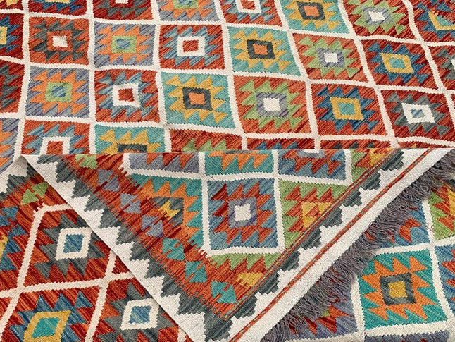 Handmade Afghan Kilim Rug 219 × 283 cm – 7’2 × 9’3 | Boho Tribal Flatweave | Multicolour Geometric Design