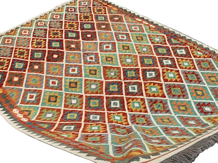 Handmade Afghan Kilim Rug 219 × 283 cm – 7’2 × 9’3 | Boho Tribal Flatweave | Multicolour Geometric Design