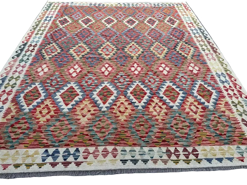 Handwoven Afghan Kilim Rug 259 × 305 cm – 10’0 × 8’6 | Boho Tribal Flatweave | Multicolour Geometric Design
