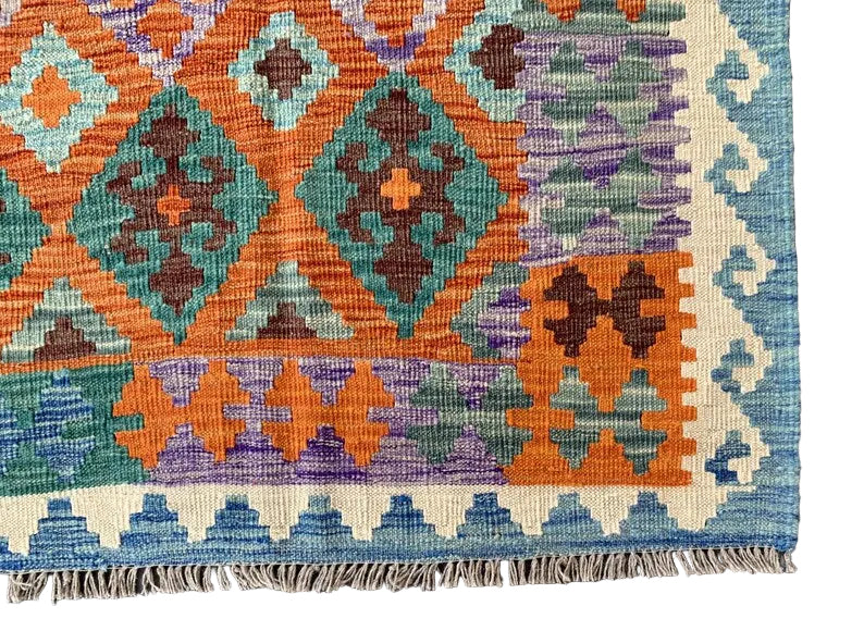 Handmade Afghan Kilim  Rug 205 × 300 cm – 6.9 × 9’1 | Boho Tribal Flatweave | Multicolour Geometric Design