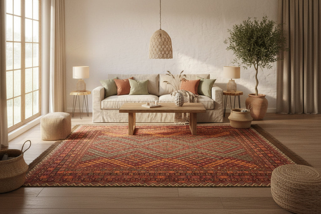 Handmade Afghan Kilim  Rug 334 × 394 cm – 7’8× 12’11 | Boho Tribal Flatweave | Multicolour Geometric Design