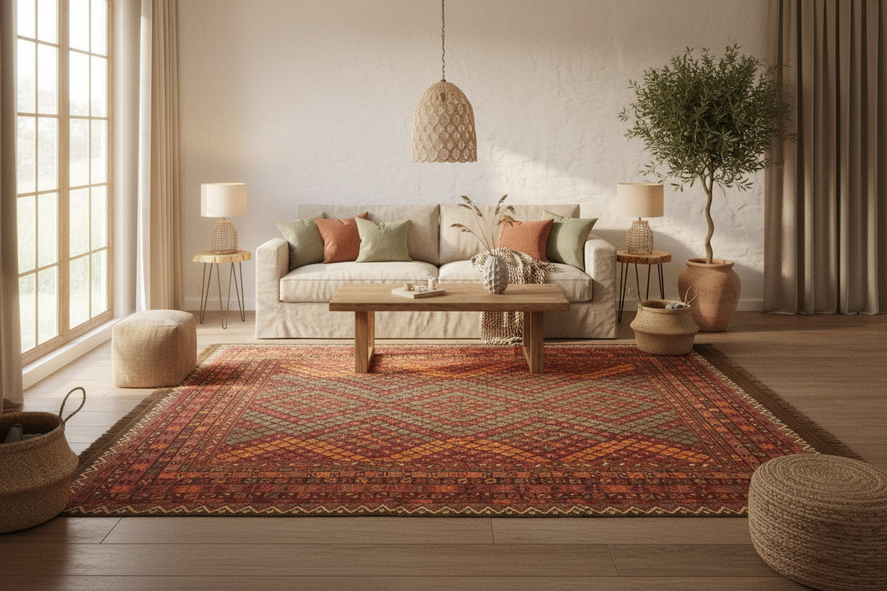 Handmade Afghan Kilim  Rug 334 × 394 cm – 7’8× 12’11 | Boho Tribal Flatweave | Multicolour Geometric Design