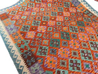 Handmade Afghan Kilim  Rug 205 × 300 cm – 6.9 × 9’1 | Boho Tribal Flatweave | Multicolour Geometric Design