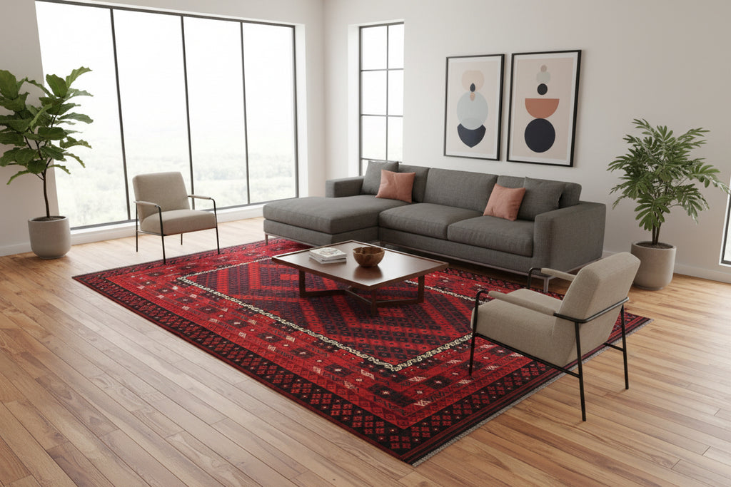 Large Kilim Rug 7'9 x 11'9 ft 237 x 359 – Wool Flatweave Area Rug | Red Geometric Tribal Carpet