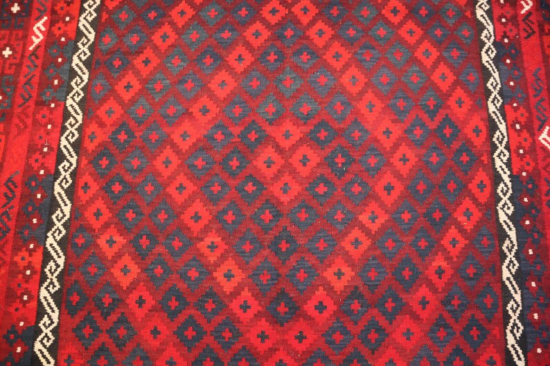 Large Kilim Rug 7'9 x 11'9 ft 237 x 359 – Wool Flatweave Area Rug | Red Geometric Tribal Carpet