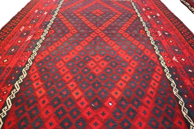 Large Kilim Rug 7'9 x 11'9 ft 237 x 359 – Wool Flatweave Area Rug | Red Geometric Tribal Carpet