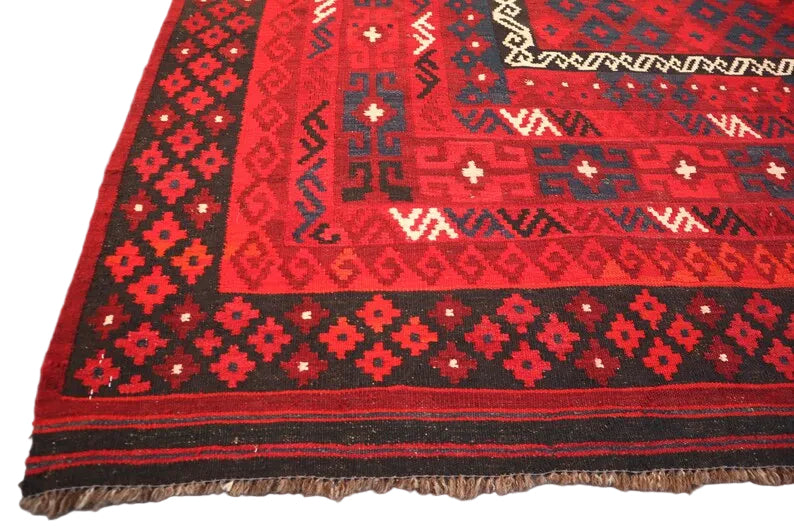 Large Kilim Rug 7'9 x 11'9 ft 237 x 359 – Wool Flatweave Area Rug | Red Geometric Tribal Carpet
